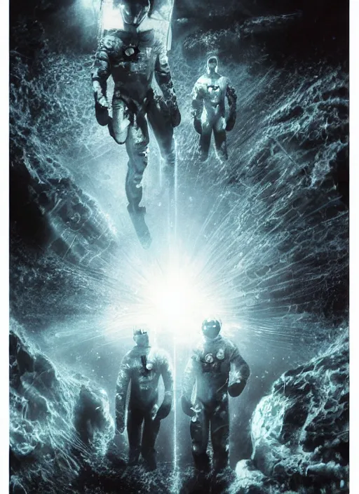 Image similar to astronauts in dark and empty void underwater - complex and hyperdetailed technical suit. reflection and dispersion materials. rays and dispersion of light. volumetric light. 5 0 mm, f / 3 2. noise film photo. flash photography. ultra realistic, wide angle. poster by wayne barlowe, hajime sorayama aaron horkey, craig mullins