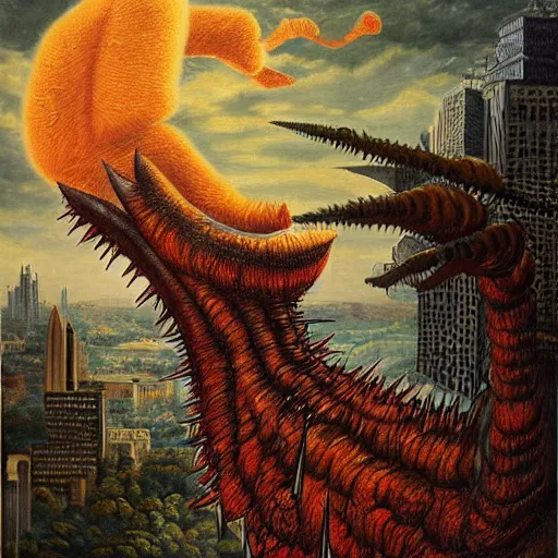 Image similar to A beautiful body art of a large, orange monster looming over a cityscape. The monster has several eyes and mouths, and its body is covered in spikes. It seems to be coming towards the viewer, who is looking up at it in fear. by John Frederick Kensett, by Jeremiah Ketner gloomy