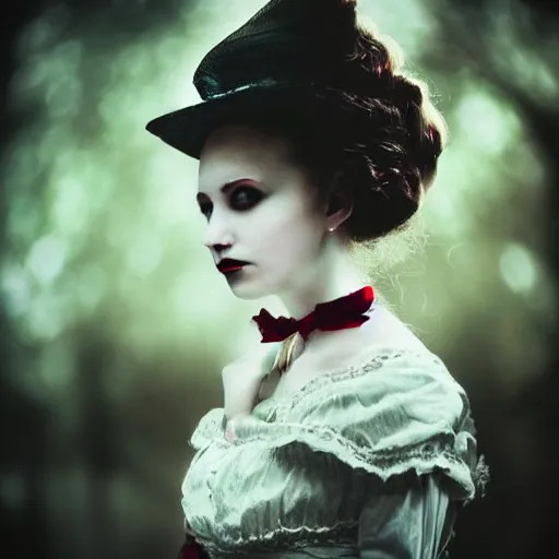 Prompt: A beautiful portrait of a lady vampire, victorian, '20, ominous, dracula, photography, 35mm, depth of field, bokeh, soft light, cinematic