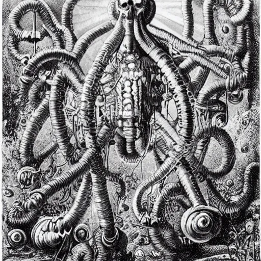 Image similar to Artwork by Ernst Haeckel of The Chitine King Hian the Demigod, master of Ice, and their hateful haunting of steam mephits and horrifying balors, who plan to take revenge on the party for a perceived wrong done to them long ago.