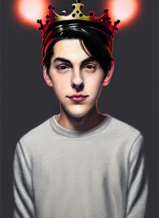 Image similar to portrait of teenage jughead jones wearing a light grey crown, photorealistic, crown, eyes closed, crown, black hair, sweater with letter s on it, letter s, intricate, elegant, glowing lights, highly detailed, digital painting, artstation, concept art, smooth, sharp focus, illustration, art by wlop, mars ravelo and greg rutkowski