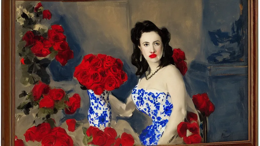 Image similar to portrait of rebekah delrio in lynch pattern, big persian detailed pot of red roses, blue and red lights painted by john singer sargent