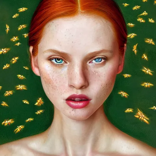 Image similar to a highly detailed, hyper realistic, red haired young woman, among golden fireflies, with long hair, green eyes, hint of freckles, round gentle face, toned abdomen, cheeky smile, deep focus, elegant, digital painting, smooth, sharp focus, golden ratio, illustration, ultra realistic, 8 k, art by artgerm and caravaggio