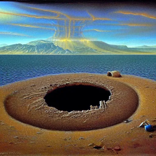 Image similar to a painting of a giant vortex hole in lake tahoe, a surrealist painting by Bob Eggleton, deviantart, nuclear art, apocalypse art, apocalypse landscape, hyper realism