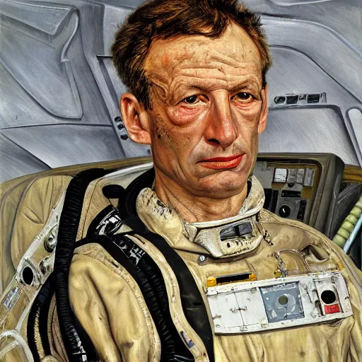 Image similar to high quality high detail painting by lucian freud, hd, portrait of scifi pilot