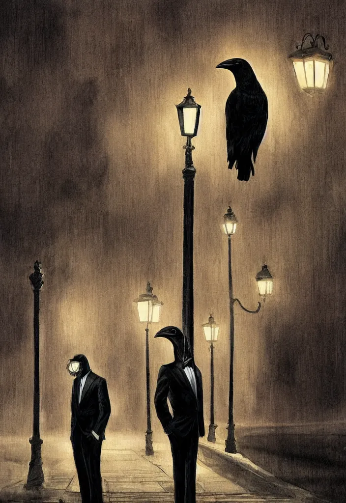 Prompt: a beautiful painting of a man wearing a suit and a raven mask standing in the middle of a street illuminated by a lone street lamp, by mark brooks cinematic lighting, detailed drawing, portrait