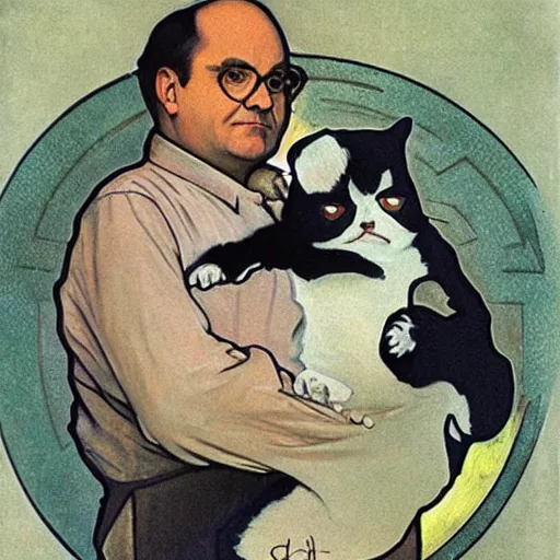 Image similar to “ portrait of george costanza from seinfeld holding grumpy cat, art nouveau, by alphonse mucha ”