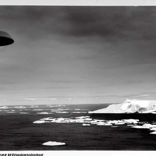 Image similar to secret photograph of nazi ufo base in antarctica, operation highjump, black and white, 4 k