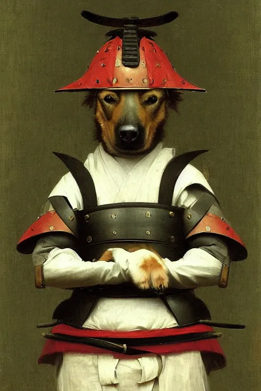 Image similar to portrait of a dog samurai, wearing samurai armor and helmet, majestic, solemn, by bouguereau