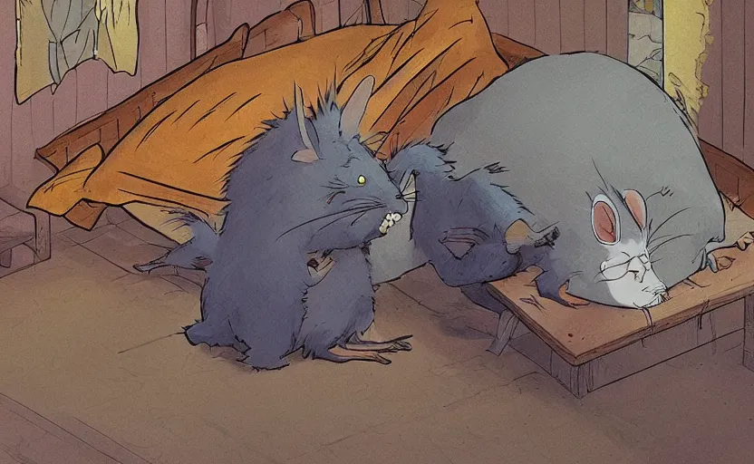 Image similar to the friendly feral rat awoke from its slumber beneath the bed frame, digital painting masterpiece, haunting beautiful brush strokes, painted by Moebius and Hayao Miyazaki and Akira Toriyama