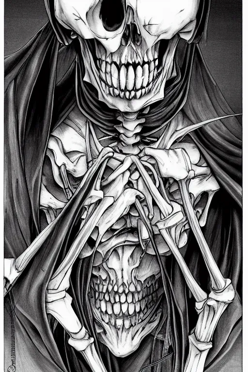 Prompt: Grim Reaper by Takeshi Obata, skeleton face