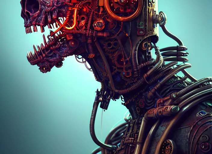 Prompt: an intricately detailed ultra - realistic unreal engine 5 rendering of a portrait of steampunk cyberpunk neon - bordered cyborg zombie werewolf, concept art, intricate details, eerie, highly detailed, photorealistic, octane render, 8 k uhd art by kilian eng