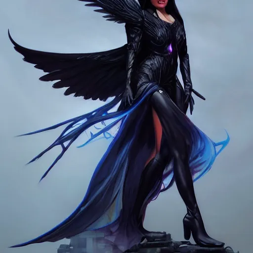 Prompt: character portrait of a modest robed dark raven angel with iridescent black raven wings, by Artgerm, Mark Brooks, Jim Burns, Marina Abramović, Wadim Kashin, Greg Rutkowski, trending on Artstation