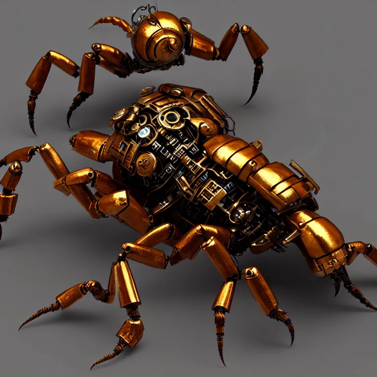 Prompt: steampunk robot scorpion, 3 d model, unreal engine realistic render, 8 k, micro detail, intricate, elegant, highly detailed, centered, digital painting, artstation, sharp focus