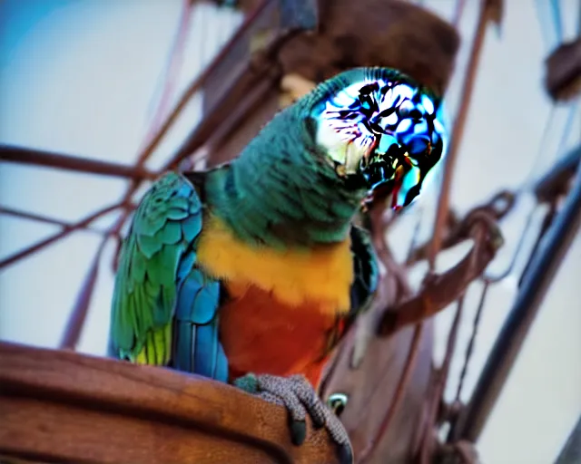 Image similar to low angle photo of a parrot on a pirate ship, rule of thirds, depth of field