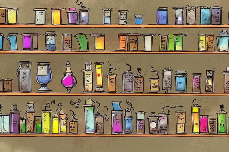 Image similar to a bookshelf of wonderful magical experiments, located in a wizard's shop, full of trinkets and magical potions flasks vials, bubbling liquids, smoking vessels