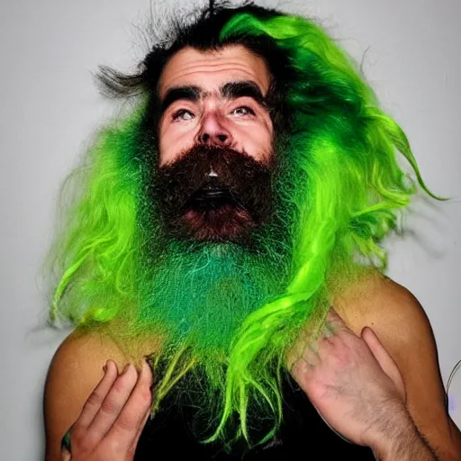 Prompt: a photo of an extremely hirsute man whose hair is neon green from head to toe. he is highly suspected of attempting to steal christmas