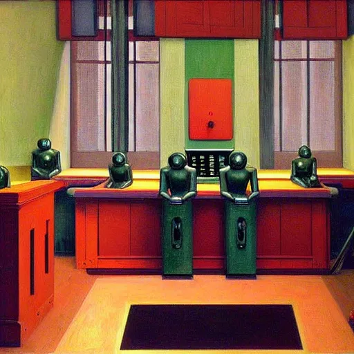 Image similar to three brutalist robot bishops in a study chambers, grant wood, pj crook, edward hopper, oil on canvas