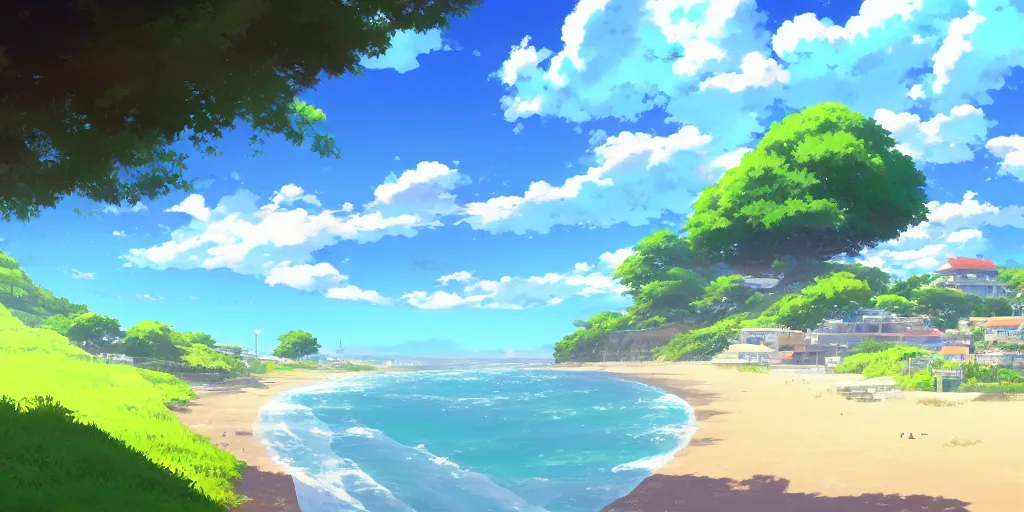 Prompt: beautiful anime painting of a coastal town, clear blue skies, beach, rolling green hills, daytime, by makoto shinkai, kimi no na wa, artstation, atmospheric.
