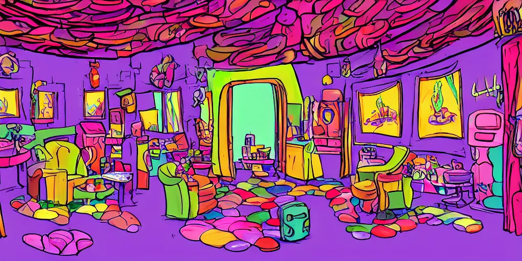 Image similar to a dimly lit, colorful, theater dressing room, made of candy, day of the tentacle style, drawn by Peter Chan