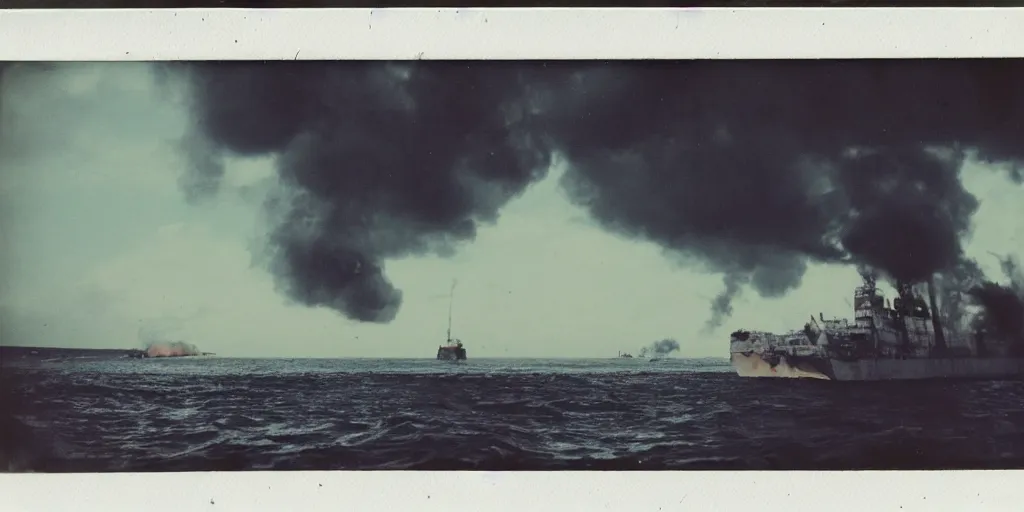 Image similar to polaroid photo of a sinking and burning ship, big smoke clouds coming from the ship, bright blue sky, slight color bleed