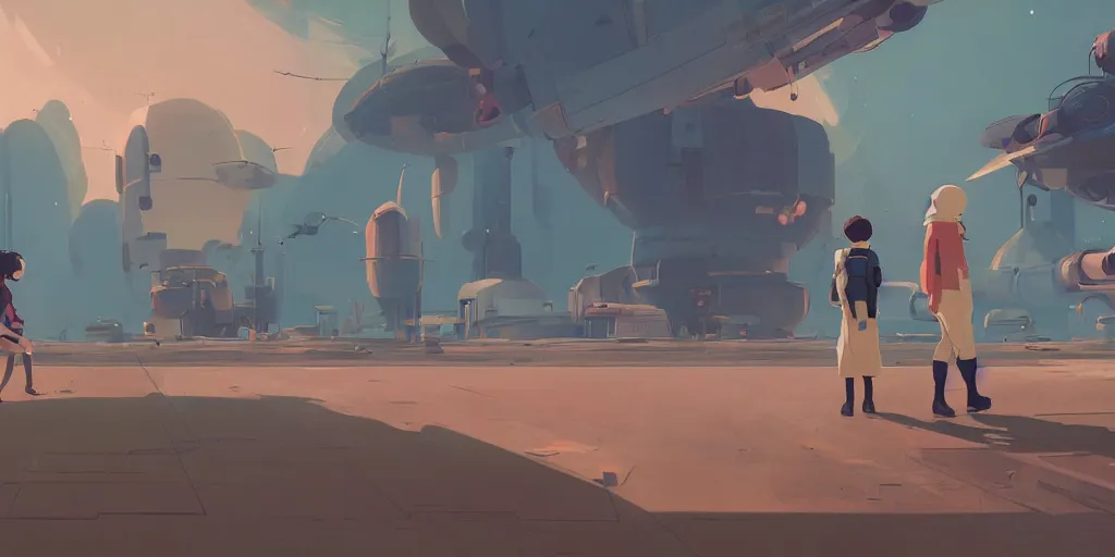 Image similar to young women, landing on the space station settlement, by cory loftis & akihiko yoshida & james gilleard & atey ghailan & makoto shinkai & goro fujita & studio ghibli, rim light, exquisite lighting, clear focus, very coherent, plain background, soft painting, photorealistic, unreal engine 5, 8 k