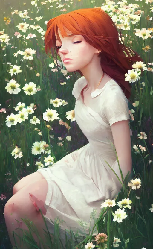 Image similar to southern ginger woman in a cream dress, freckled, sitting among flowers, airbrushed, hazy, gentle, soft lighting, wojtek fus, by makoto shinkai and ilya kuvshinov,