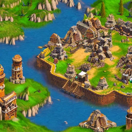 Image similar to isometric map of age of empires video game website , procedural, Travian, AOE2 , civilization, river, forest, cave, mountain, woods, hills, buildings, Insane Details, Digital Art, Epic Atmosphere, Extremely Detailed, aztecs