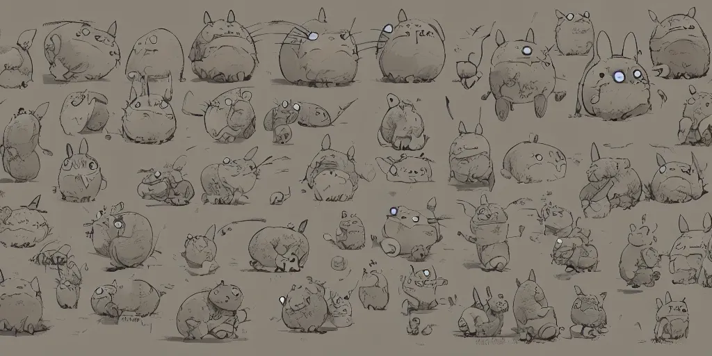 Image similar to totoro, character sheet, concept design, contrast, hot toys, kim jung gi, greg rutkowski, zabrocki, karlkka, jayison devadas, trending on artstation, 8 k, ultra wide angle, pincushion lens effect