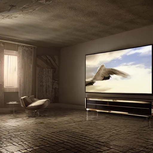 Prompt: god in heaven watching tv, hyper realistic, hyper detailed, 4 k, unreal engine 6, clear, coherent,