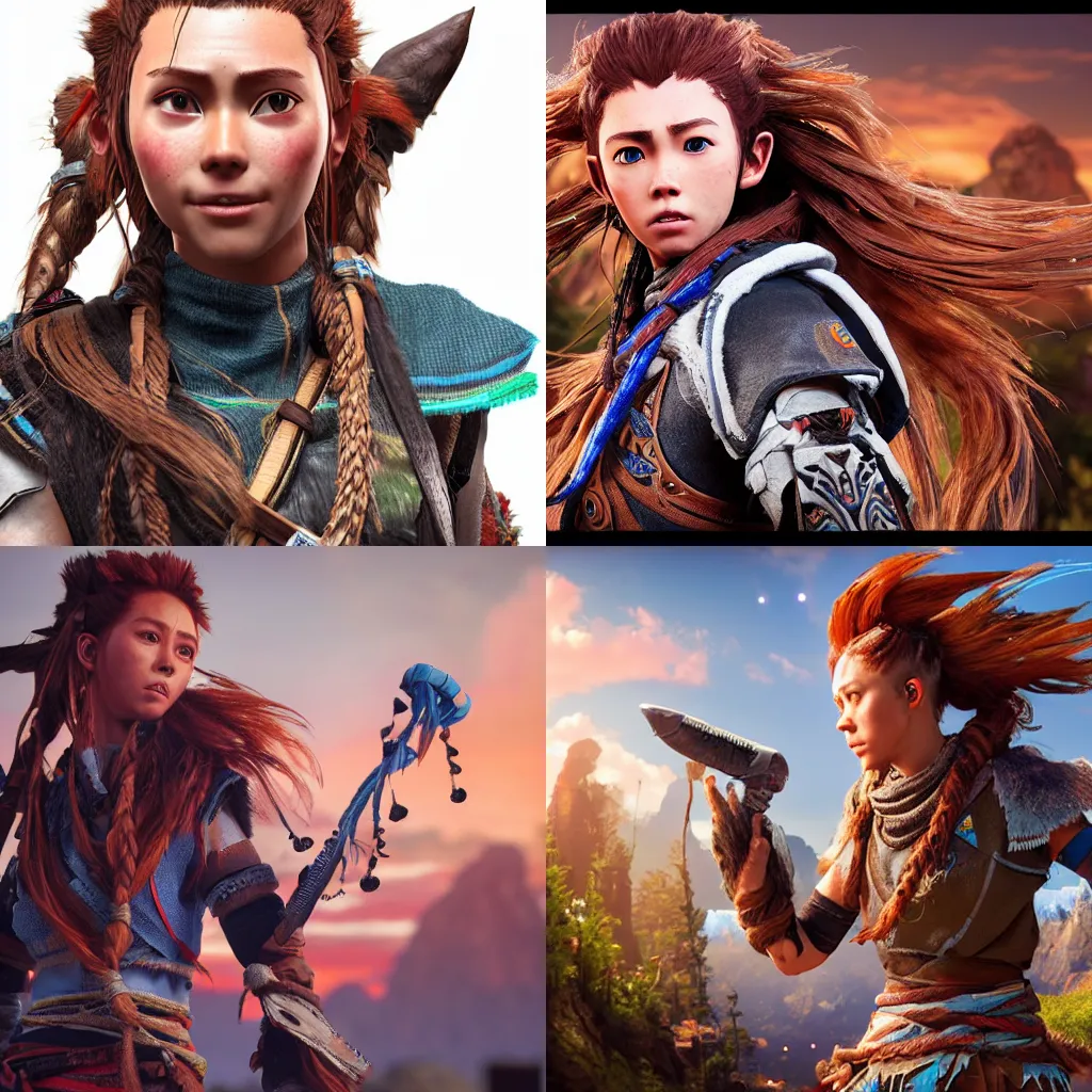 Prompt: highly detailed full body character art of (Aloy from ((Horizon: Zero Dawn))) as a >>>rock star<<< singing at the >>>rock concert<<<, full body, highly detailed, photo realistic, energetic atmosphere, 8K, octane render, unreal engine