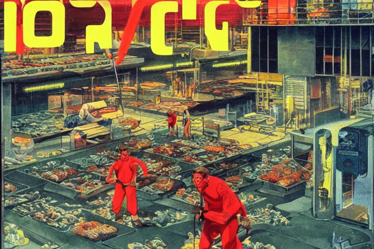 Prompt: 1979 OMNI Magazine Cover of a dumb ogre working at a fish market warehouse. In the background are street level views of neo-Tokyo in cyberpunk style by Vincent Di Fate