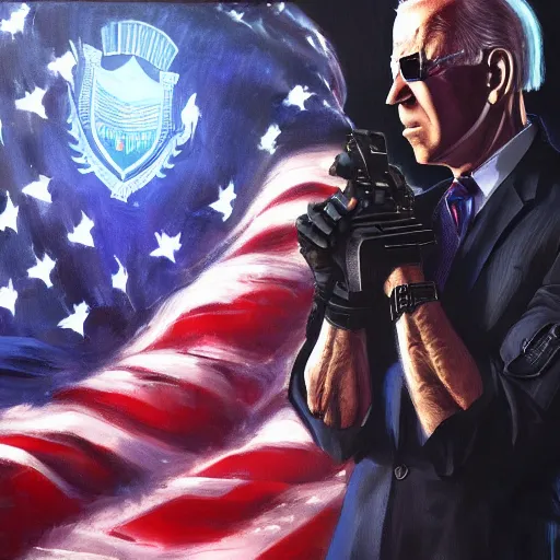 Prompt: joe biden in cyberpunk america, trending on artstation, detailed art, oil painting,