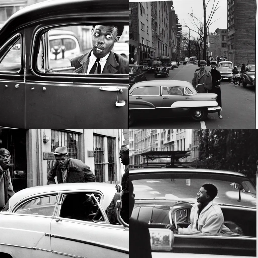 Prompt: photograph of a harlem street in the 1 9 5 0 s, in a parked car the driver speaks addressing a person outside the car on the street
