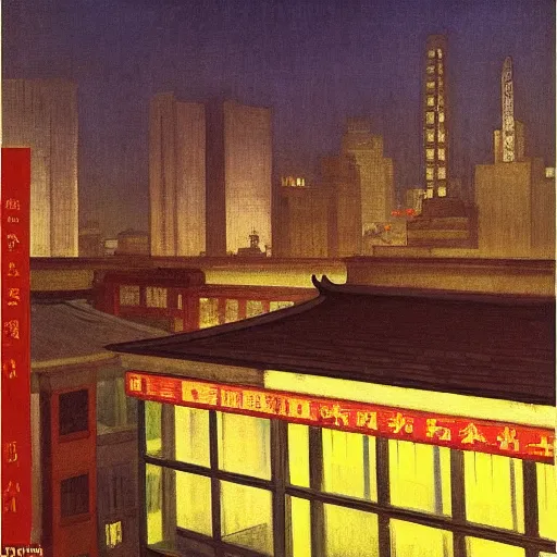 Image similar to a small rooftop with company of people sitting, shanghai bund is on the background, night, by edward hopper