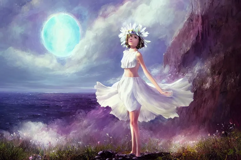 Image similar to giant white daisy flower on head, girl standing on cliff, surreal photography, solar eclipse, milky way, dramatic light, impressionist painting, clouds, digital painting, artstation, james gilleard and liam wong and jeremy mann