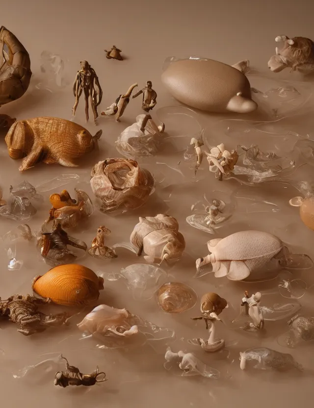 Image similar to a well - lit studio photograph of various earth - toned plastic toys floating in water, some wrinkled, some long, various sizes, textures, and transparencies, beautiful, smooth, detailed, intricate internal anatomy model