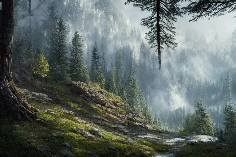 Prompt: beautiful swedish forest from the view of a mountain, misty, very detailed, landscape fantasy art, Octane Render, Ureal Engine, high detail, very realistic, by Greg Rutkowski. by James Gurney