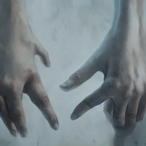 Image similar to Holding hands, vertical symmetry, close up shot, detailed hands, beautiful moody artwork by Greg Rutkowski and Asher Duran