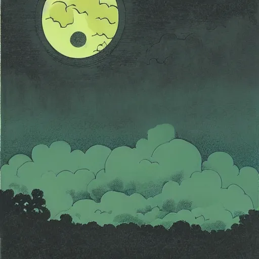 Image similar to plantation, bayou, heavy ink, moon in sky encircled by clouds, cool color palette, green!!!!, mike mignola