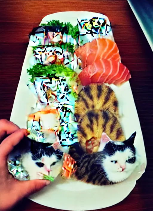 Image similar to clear photorealistic picture of adorable cats eating sushi