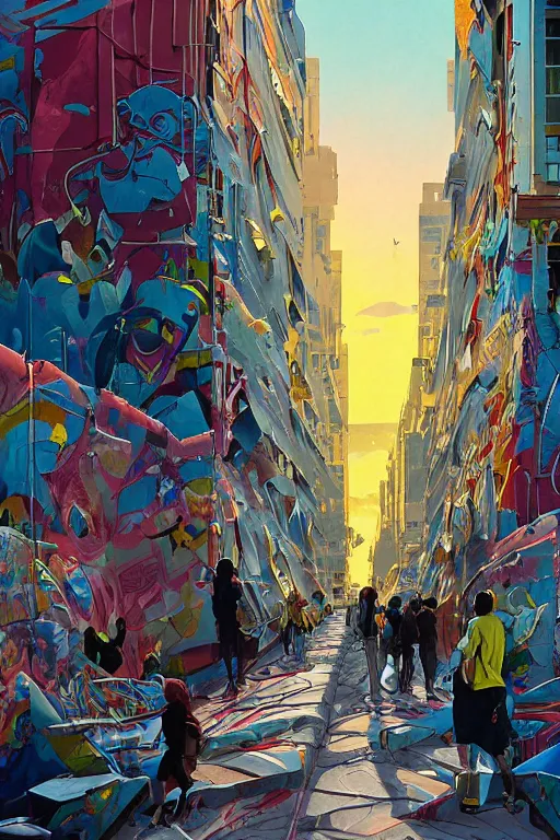 Image similar to people in a busy city people looking at a white building covered with a 3d graffiti mural with paint dripping down to the floor, professional illustration by artgerm, painterly, yoshitaka Amano, hiroshi yoshida, moebius, loish, painterly, and james jean, illustration, sunset lighting