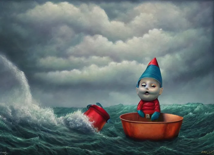 Image similar to a terrified garden gnome sailing in a bucket, background of raging ocean on a stormy with dramatic clouds, an ultrafine detailed painting by mark ryden, trending on deviantart, pop surrealism, whimsical, lowbrow, danger, perfect symmetrical face