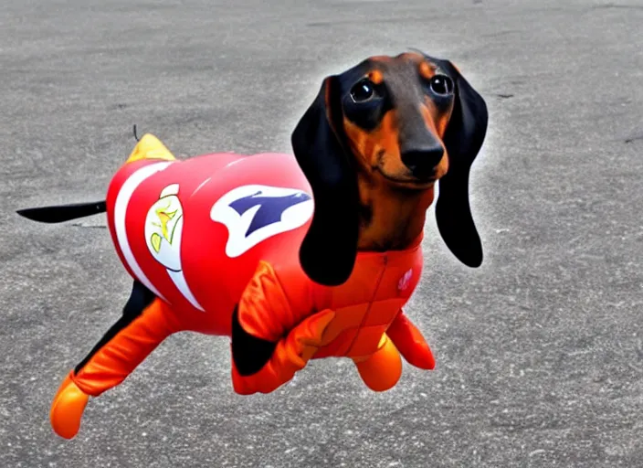 Prompt: Dachshund skydiving while dressed in a hotdog costume