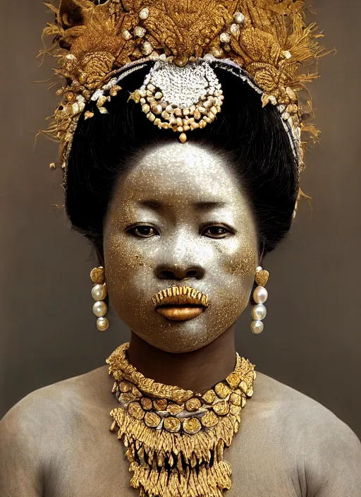 Prompt: hyperrealism, detailed textures, award winning autochrome african colonial 1 9 0 5 photo, symetrical japanese geisha, autochrome pearl portrait, pearl silverplate, intricate, detailed facial pearl scary animal mask, pearl, golden jewelery, silverplate, ultra realistic, cinematic, intricate, cinematic light by steve mccurry, unreal engine 8 k