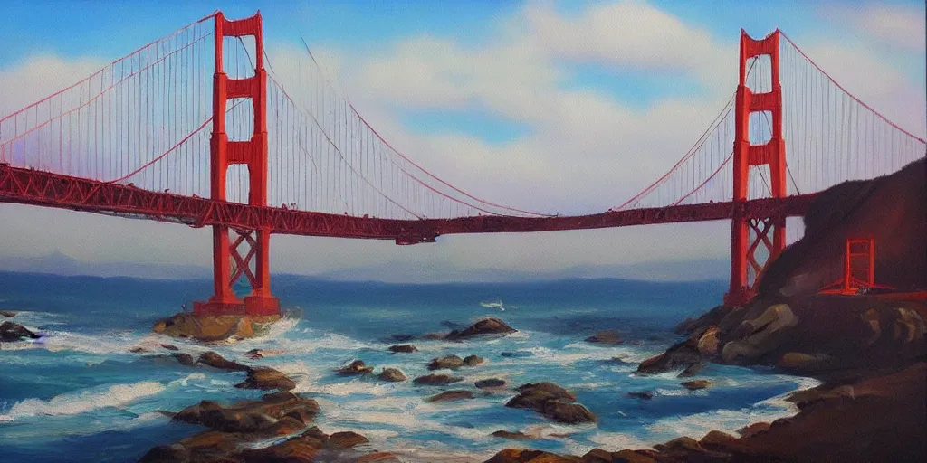 Image similar to beautiful oil painting of golden gate bridge by olof krans