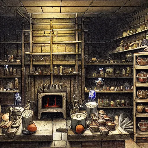 Prompt: interior of a backroom in a dark butcher shop lit by an eerie fireplace, dark fantasy, night, by michael whelan, digital art