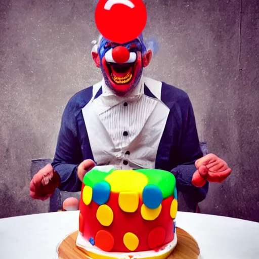 Image similar to happy clown unlocking his jaw in order to devour the world's largest cake, strange photo