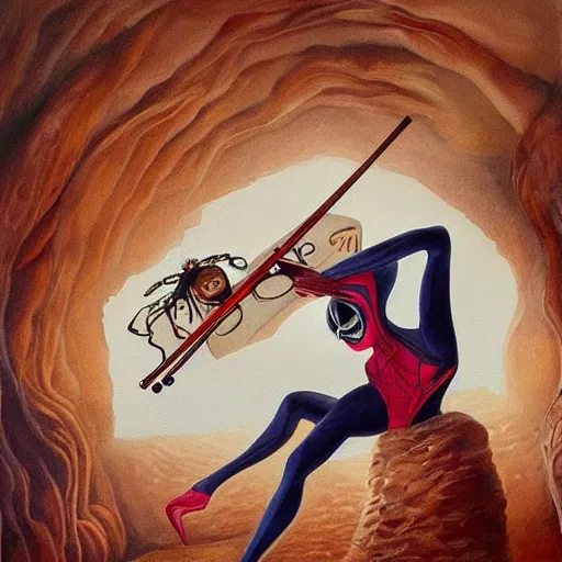 Prompt: incredible masterful painting of a spider woman ( female torso, spider legs ) in a cave upside down playing a violin, scary