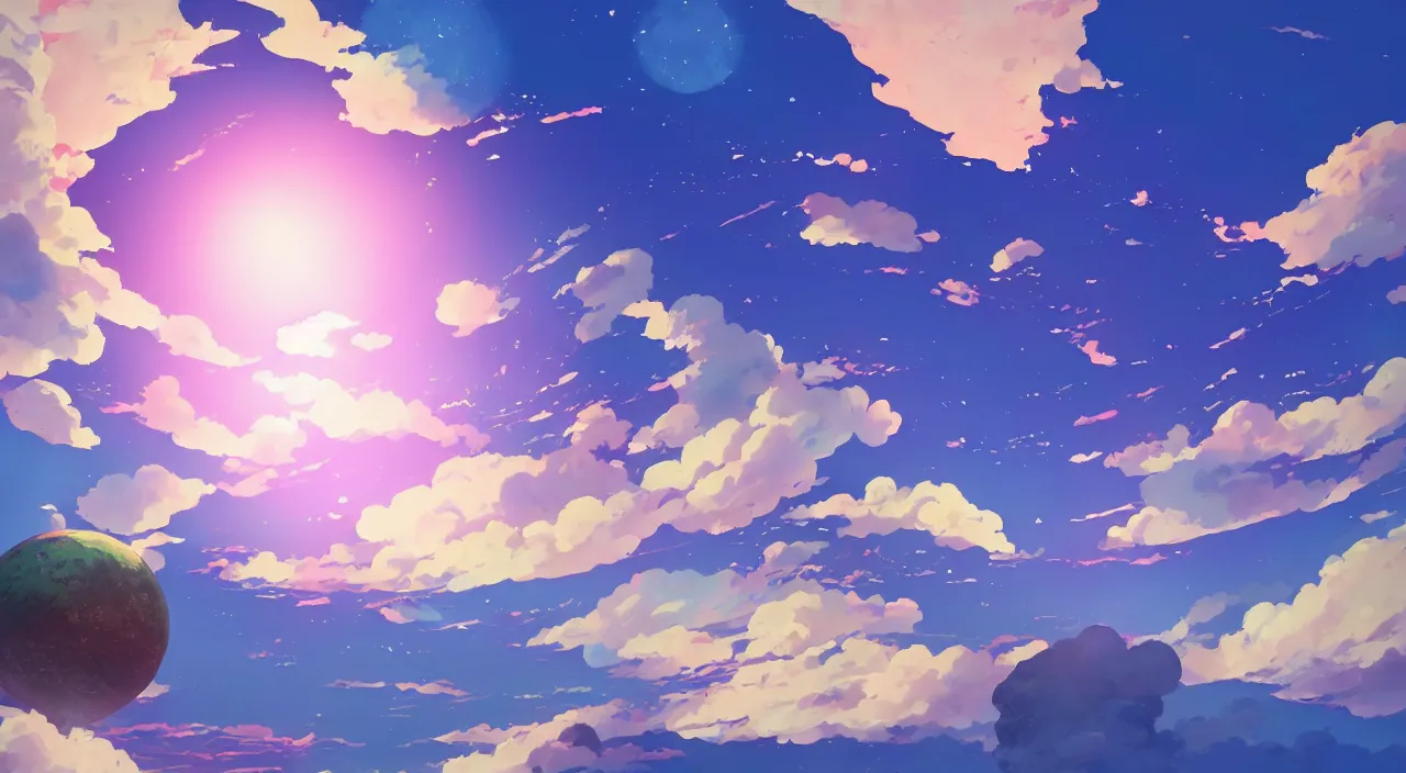 Prompt: Big pink sphere surrounded by blue sky, beautiful matte painting by Makoto Shinkai,